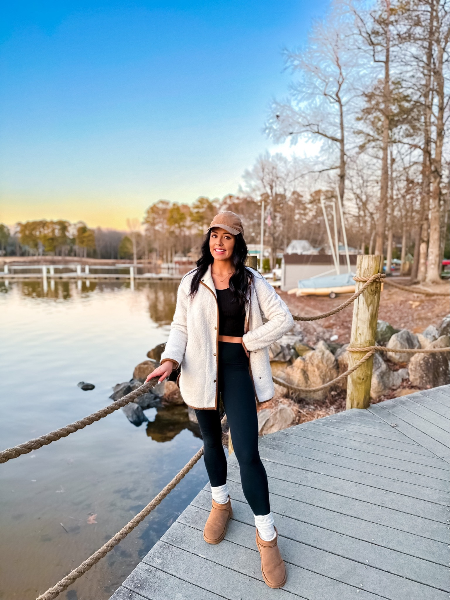Under $30 amazon two piece black workout set (small, multiple colors), under $15 amazon suede hat, under $70 ultra mini Sherpa booties (tts) and similar cream Sherpa jacket #founditonamazon  

#LTKshoecrush #LTKunder50 #LTKfit