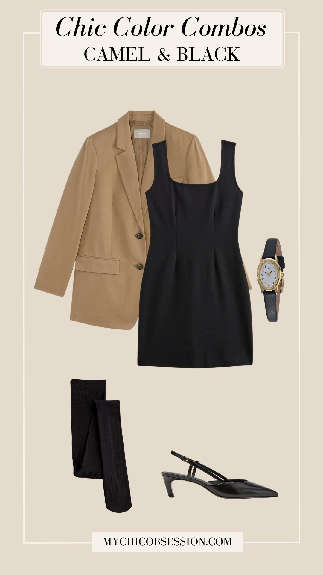 Camel and brown and black always make for a chic color combo. Style a little black dress with a camel oversized blazer from Everlane. Then, add a chic leather watch, sheer black tights and slingback heels.

#LTKStyleTip #LTKShoeCrush #LTKSeasonal