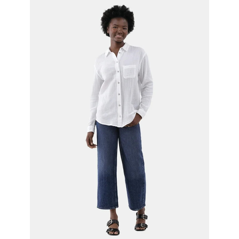 Time and Tru Women's Double Cloth Cotton Shirt, Sizes S-XXXL | Walmart (US)
