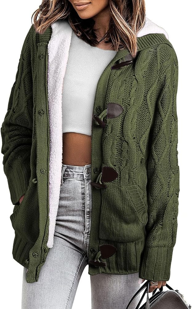 Sidefeel Women's Cardigan Sweaters Hooded Fleece Lined Button Down Winter Sweater Coat | Amazon (US)