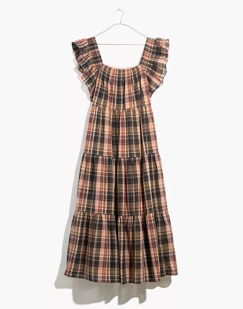 Flutter-Sleeve Tiered Midi Dress in Plaid | Madewell