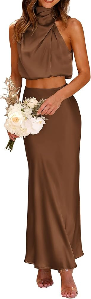 PRETTYGARDEN Women's 2 Piece Satin Outfits Summer Sleeveless Mock Neck Crop Tops And Long Skirt D... | Amazon (US)