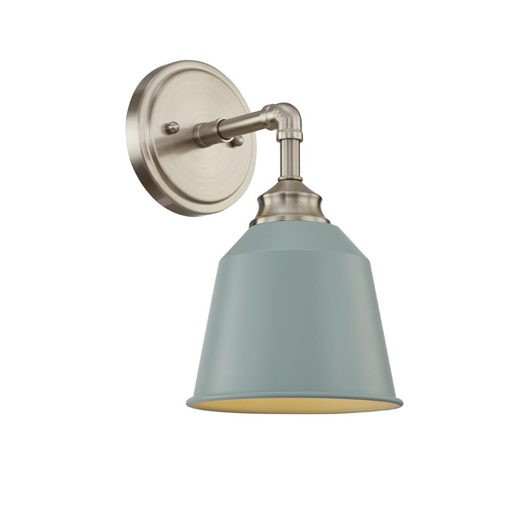 Laval 8 in. 1-Light Vanity Light in Satin Nickel with Light Blue Metal Shade Wall Sconces | The Home Depot