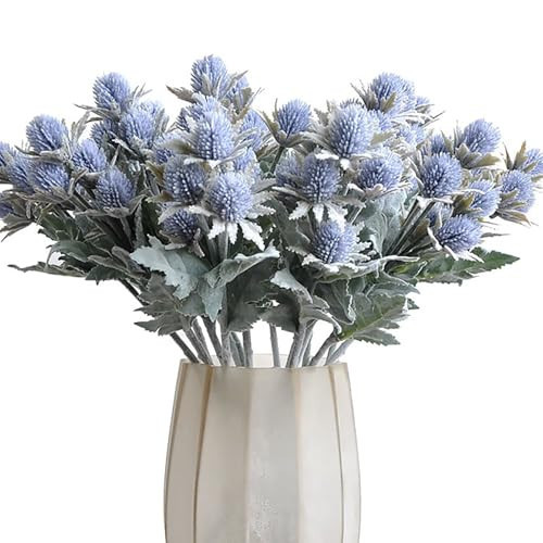 Lovmeety 5 Pcs Dusty Blue Artificial Thistle Flowers, Fake Thistle Eryngium Flowers Realistic Faux Spray Thistle Flower Stems for Home Party Wedding Floral Arrangement Decor | Amazon (US)
