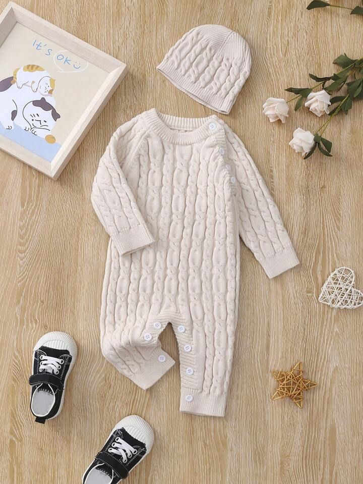 Baby Girl Cable Knit Jumpsuit & Hat | SHEIN