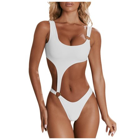 DNDKILG Womens Solid Swimwear High Cut Bathing Suit Tummy Control Cutout One Piece Swimsuit White XL | Walmart (US)