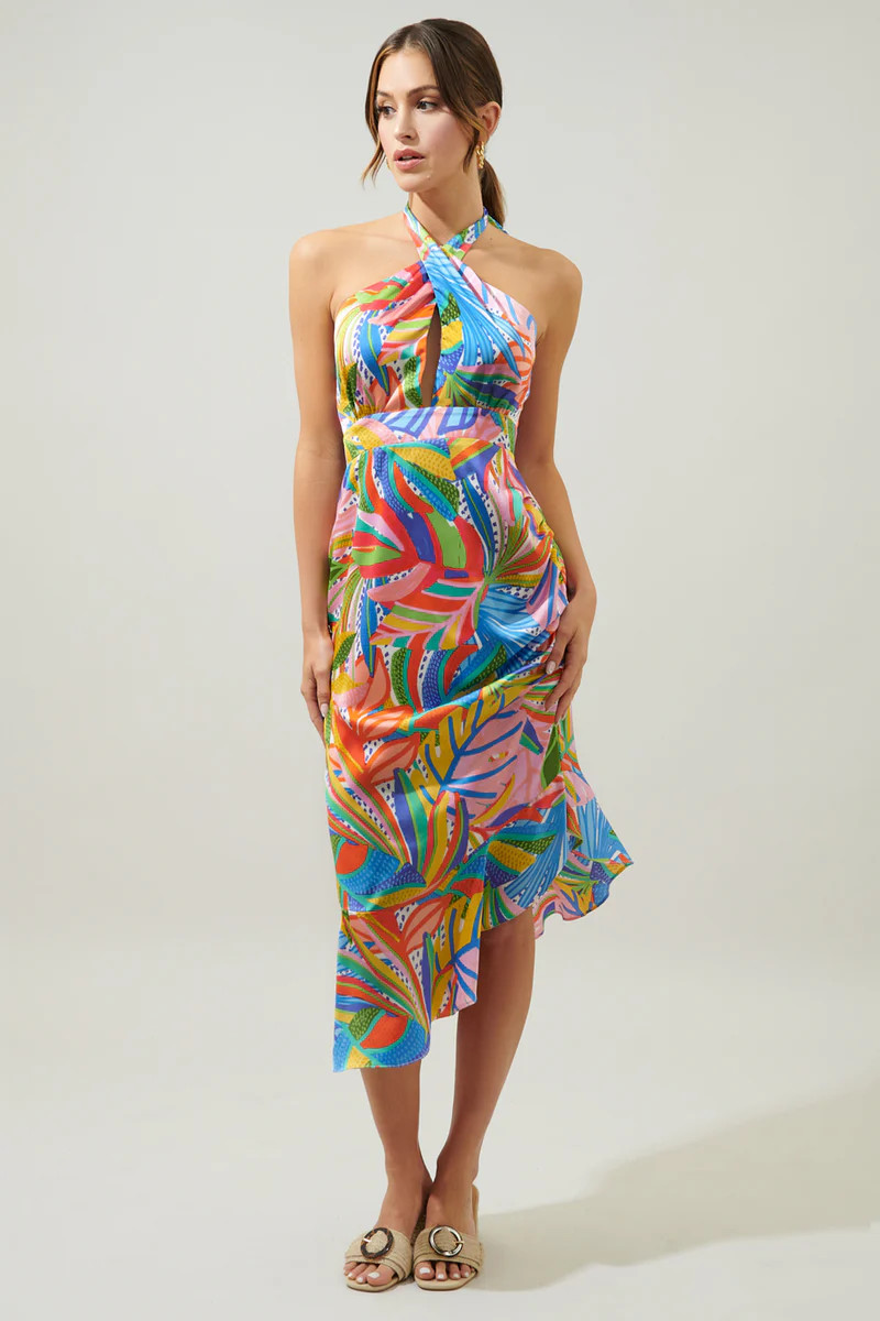 New Guinea Asymmetrical Ruched Midi Halter Dress | Sugarlips
