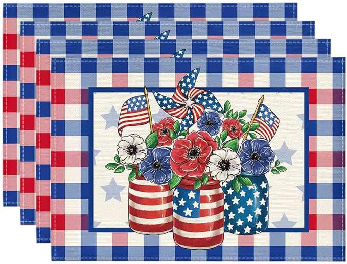 Artoid Mode Buffalo Plaid Vases Flowers 4th of July Placemats Set of 4, 12x18 Inch Seasonal Holid... | Amazon (US)