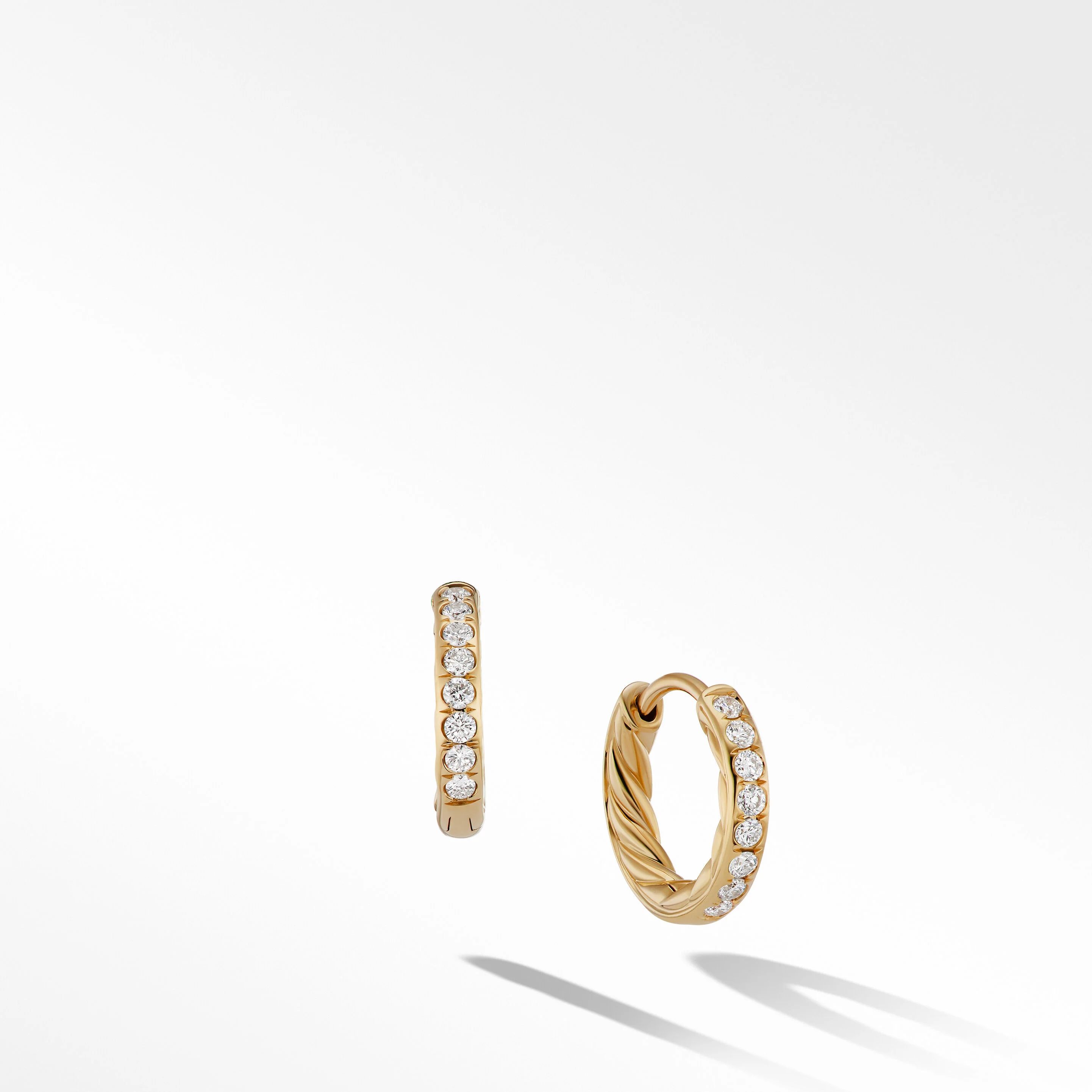 Sculpted Cable Huggie Hoop Earrings in 18K Yellow Gold with Pavé Diamonds | David Yurman