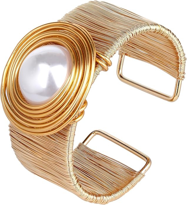 Cuff Bracelets for Women, Chunky Bracelet with Amber Glass Stone, Adjustable Brass Bangle Bracele... | Amazon (US)