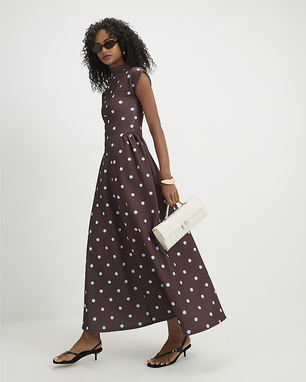 Brown Short Sleeve Polka Dot Maxi Dress | River Island UK & IE