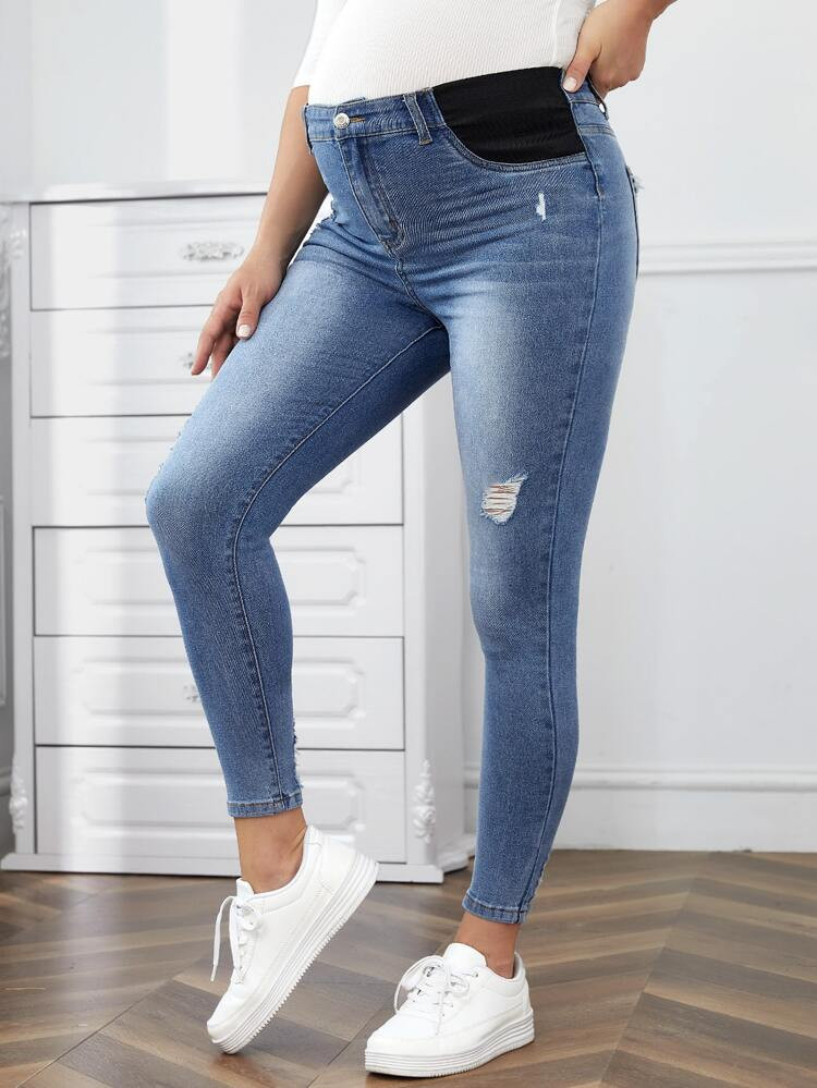 Maternity Contrast Panel Ripped Skinny Jeans | SHEIN