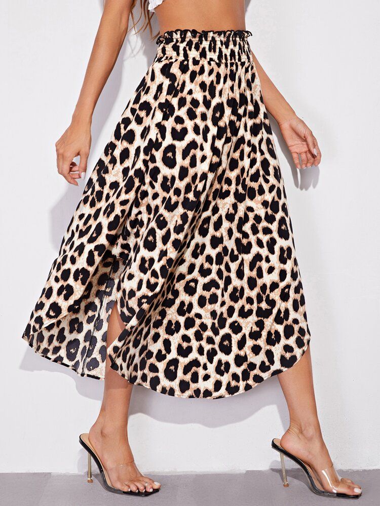 SHEIN Leopard Print Shirred Frill Curved Hem Skirt | SHEIN