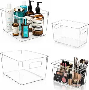 MOONEDGE Set of 4 Clear Plastic Organizer Bins, 2 Large & 2 Small Storage Bins for Pantry, Nestab... | Amazon (US)