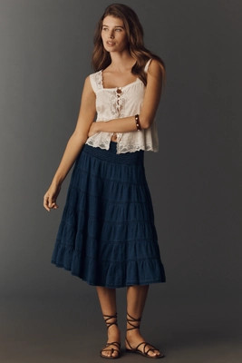 The Reese Smocked Denim Pull-On Midi Skirt | Anthropologie (US)