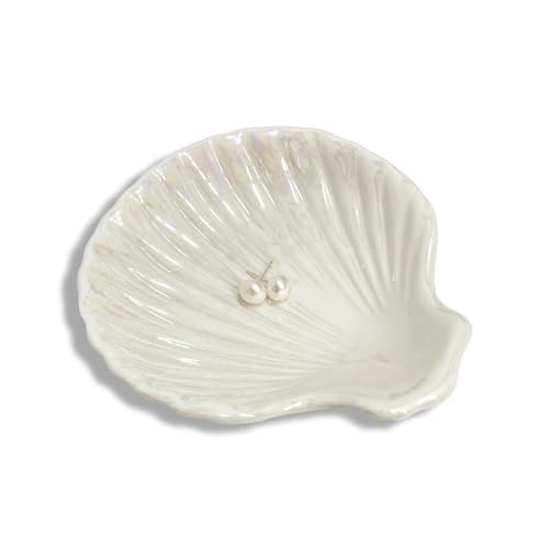 Ring Dish Shell Shape Ceramic Jewelry Dish Tray, Decorative Trinket Dish Organizing Rings Earrings Necklaces Keys for Mom Friend Sister, 3.9", White Iridescent Surface | Amazon (US)