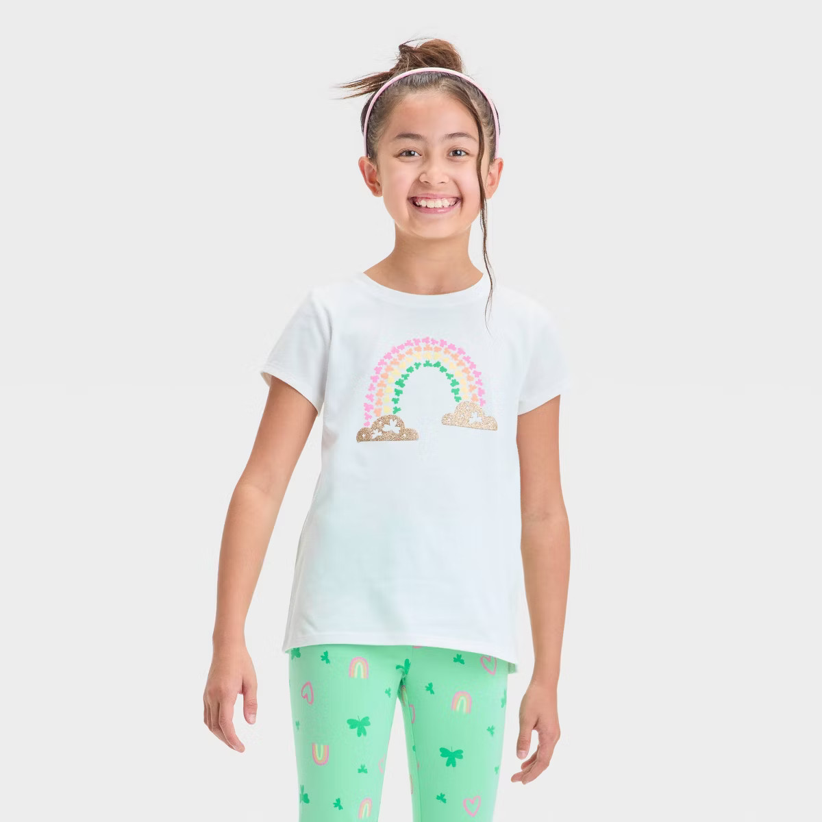 Girls' Short Sleeve 'Shamrock Rainbow' Graphic T-Shirt - Cat & Jack™ Cream | Target