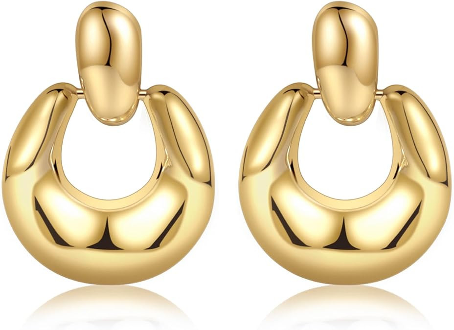 Chunky Gold Stud Earrings for Women 14k Gold Plated Hypoallergenic Earrings Statement Trendy Fash... | Amazon (US)