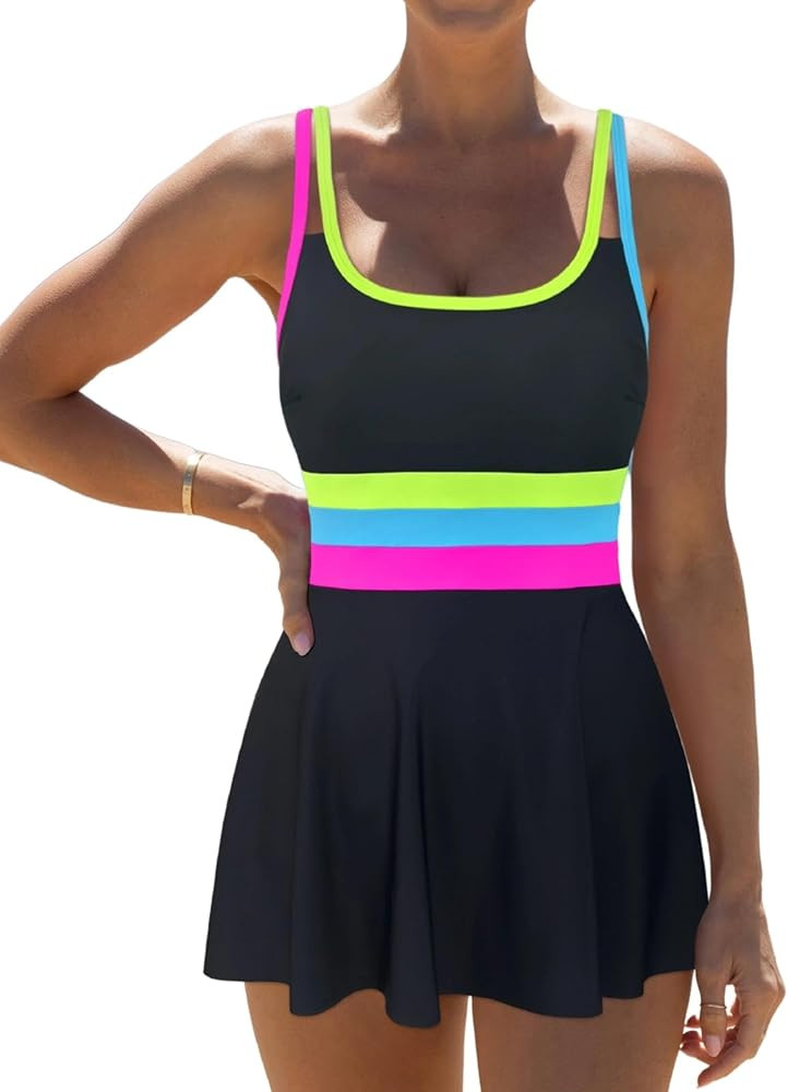 popvil Women One Piece Swimsuit 2026 Tummy Control Bathing Suit Neon Modest Swim Dress with Skirt... | Amazon (US)