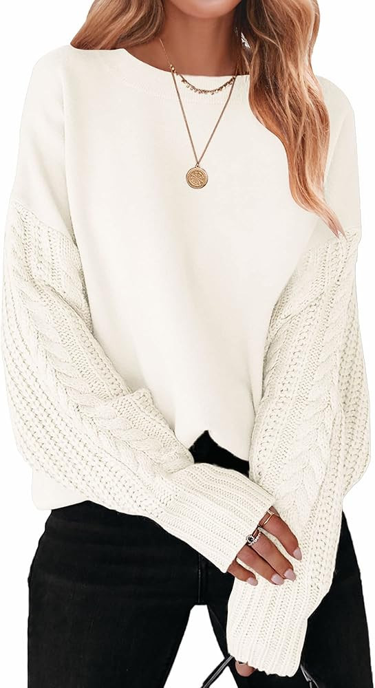 ZESICA Women's 2023 Fall Long Sleeve Crew Neck Solid Color Cable Knit Chunky Casual Oversized Pul... | Amazon (US)