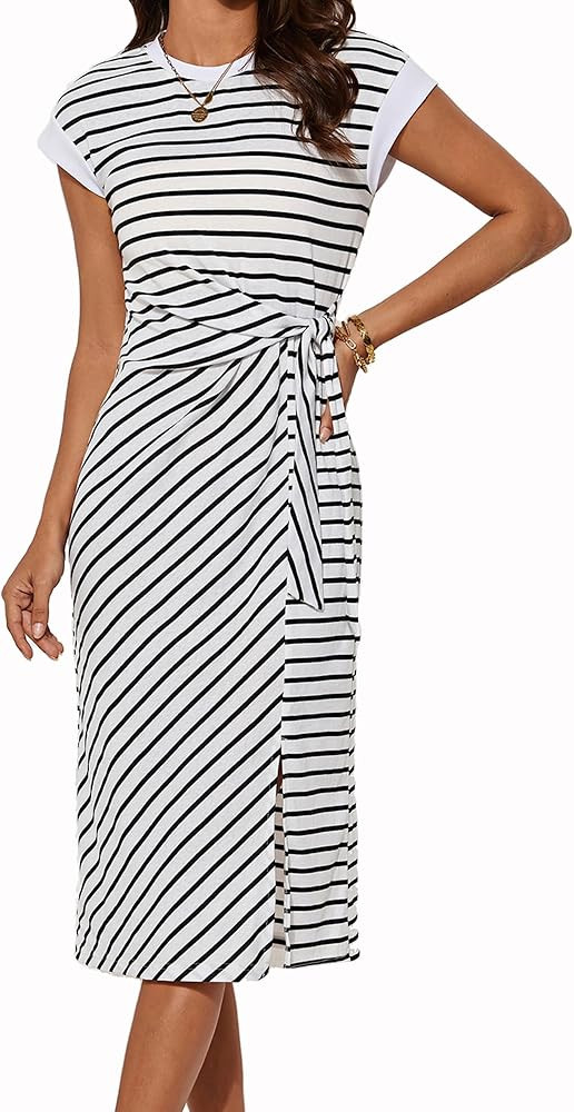 GRACE KARIN Women's Summer Striped Round Neck Cap Sleeve Casual Tie Waist Side Split Bodycon Penc... | Amazon (US)