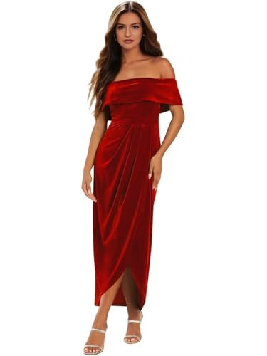 SoDigne Women's Velvet Bridesmaid Dresses 2024 Red Off The Shoulder Wedding Party Dress with Slit Bodycon Formal Evening Gowns US16 | Amazon (US)