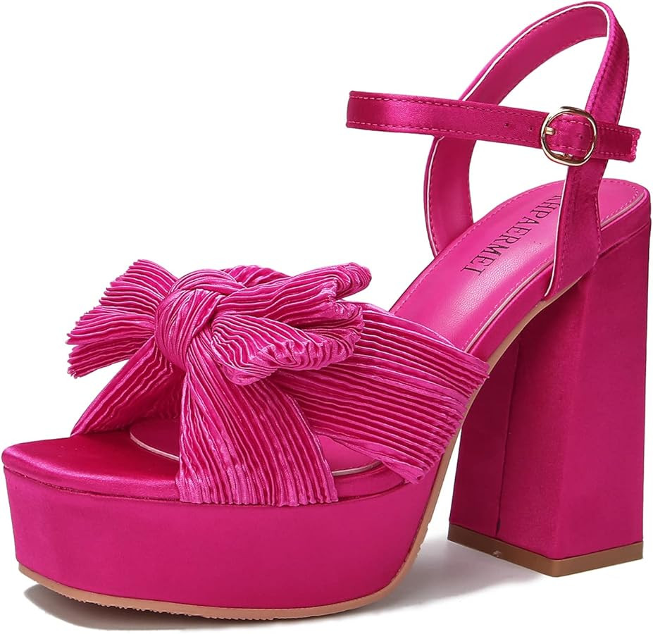 KHPAERMEI Bow Knot Platform Heels for Women Fashion Open Toe Chunky Heeled Sandals Ankle Strap We... | Amazon (US)