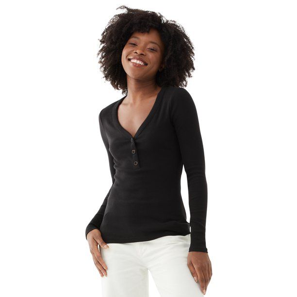 Free Assembly Women's Ribbed Henley Tee with Long Sleeves - Walmart.com | Walmart (US)