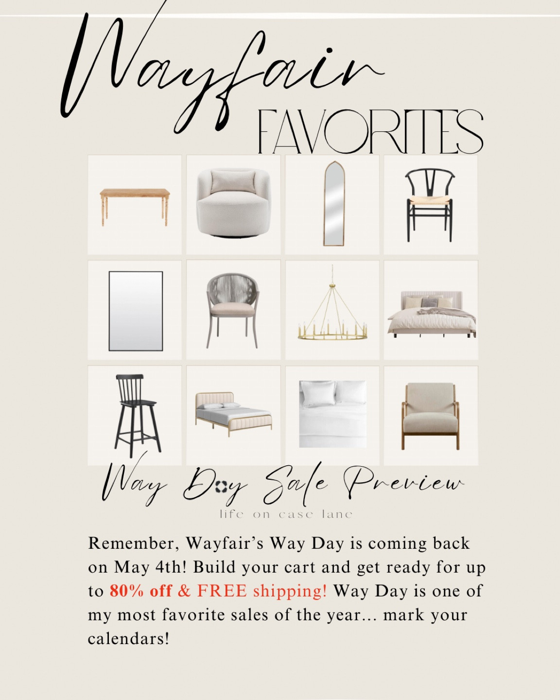 Wayfair’s WAY DAY is coming back from May 4th - May 6th! Build your cart and get ready for up to 80% off and FREE shipping! 

I’m so excited for this sale! 

#wayfair #wayday #ad #wayfairpartner 

#LTKsalealert #LTKhome