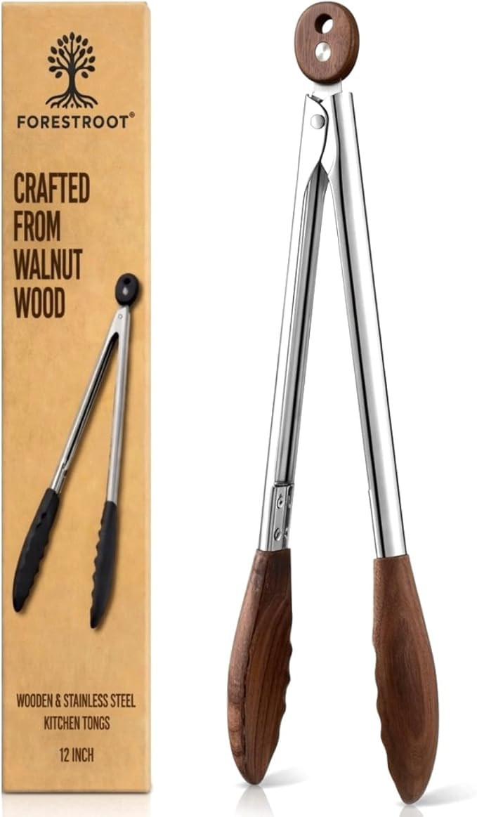 Walnut Wood Kitchen Tongs – 12-Inch Nonstick-Safe Wooden Salad & Grill Tongs for Cooking, Servi... | Amazon (US)