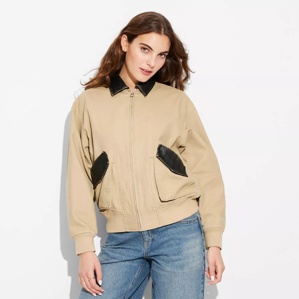 Women's Canvas & Faux Leather Bomber Jacket - Wild Fable™ Tan | Target