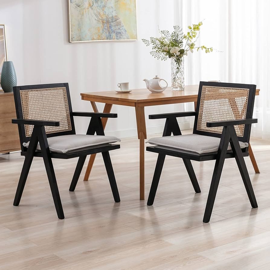 ZHENGHAO Mid Century Modern Dining Chairs, Accent Rattan Armchair with Cane Back Upholstered Line... | Amazon (US)