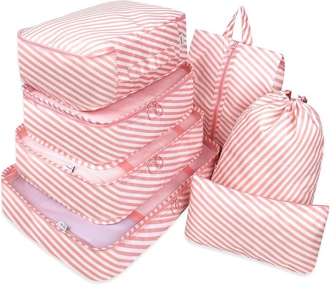 Packing Cubes 7Pcs/Set Travel Luggage Packing Organizers Set for Men and Women (Pink Stripe) | Amazon (US)