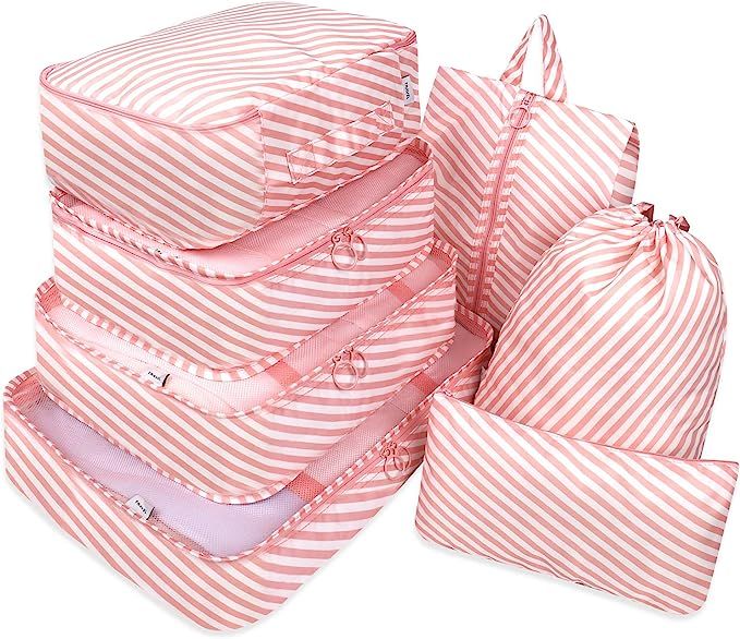 Packing Cubes 7Pcs/Set Travel Luggage Packing Organizers Set for Men and Women (Pink Stripe) | Amazon (US)