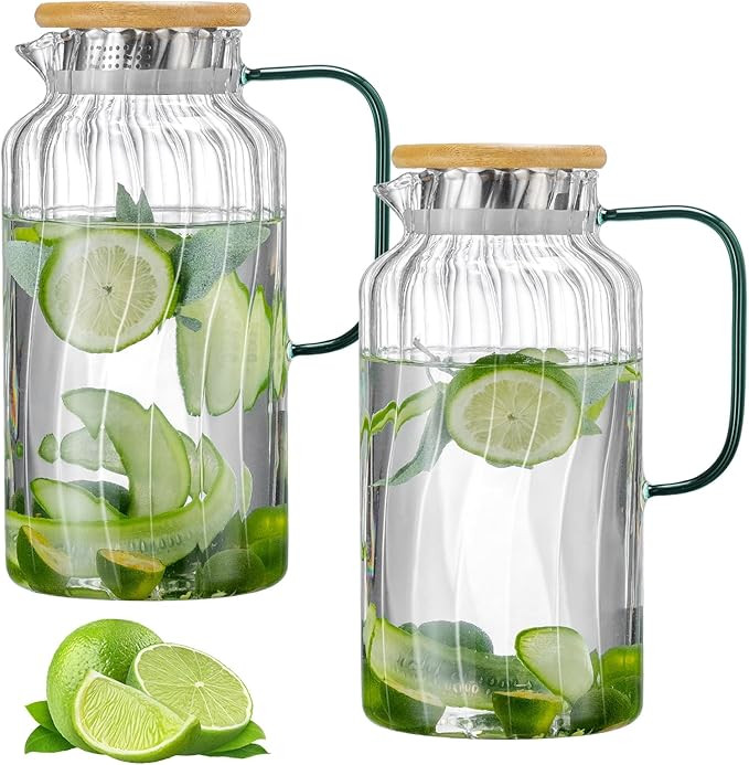 2 PACK Glass Pitcher with Lid, 68 oz/ 2 Liter Classic Vertical Stripes Water Pitcher with Bamboo ... | Amazon (US)