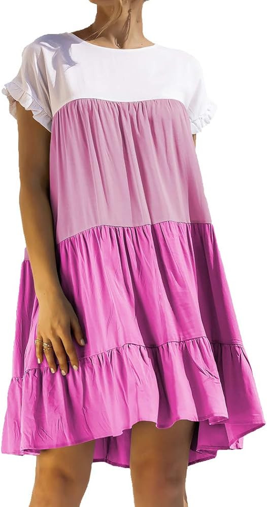 WEEPINLEE Womens Stitching Short Sleeve Round Neck Loose Dresses Casual Summer Dress | Amazon (US)