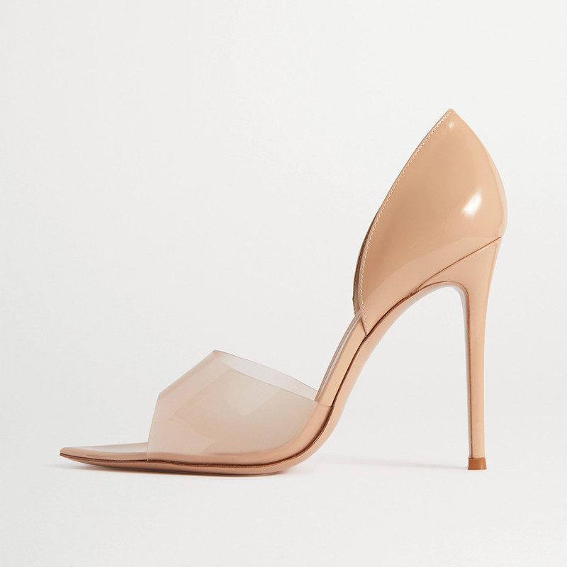 Nude Patent Leather Stiletto Heels Pointed Toe Clear Band Pumps | FSJshoes.com