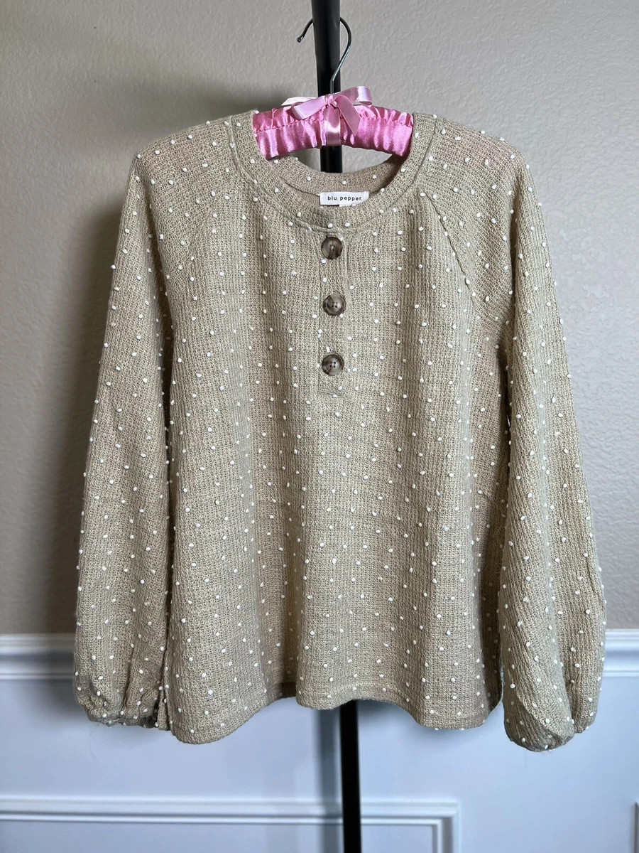 Blu Pepper top long puff sleeve beige white dots sweater pullover size M buttons  | eBay | eBay US