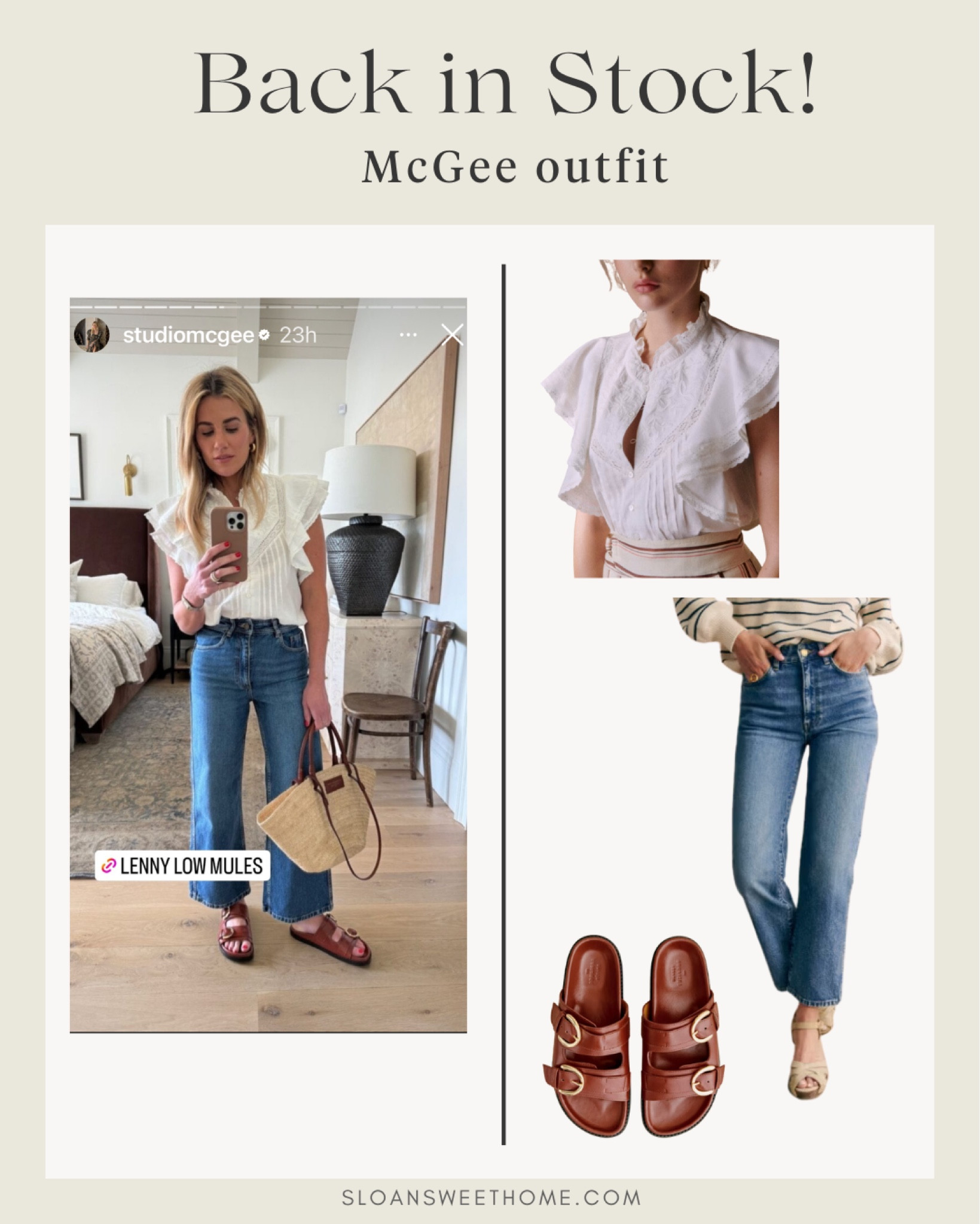 The coveted outfit shared by Shea McGee is now back in stock!  Yhe off white blouse is so romantic and feminine.. The straight cropped jeans are just the right length.  The sandals look so comfortable and stylish.  Hurry before your size sells out!

Studio McGee 
McGee & Co
Ruffle blouse
Off white blouse
Cropped jeans
Straight jeans
Mule sandals
Strappy buckle sandals
Back in stock
Sezane
Casual clothing
Weekend outfitt

#LTKtravel #LTKworkwear #LTKshoecrush