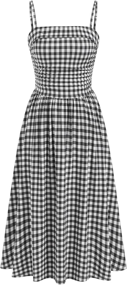 CIDER Women's Summer Gingham Midi Dress Sleeveless Ruched Plaid Dress Spaghetti Strap Dresses Cas... | Amazon (US)