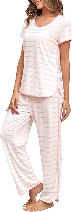 Stripe Pajamas Set Women Two-Piece Nightwear Short Sleeve Sleepwear Soft Side Split Loungewear Pj... | Amazon (US)
