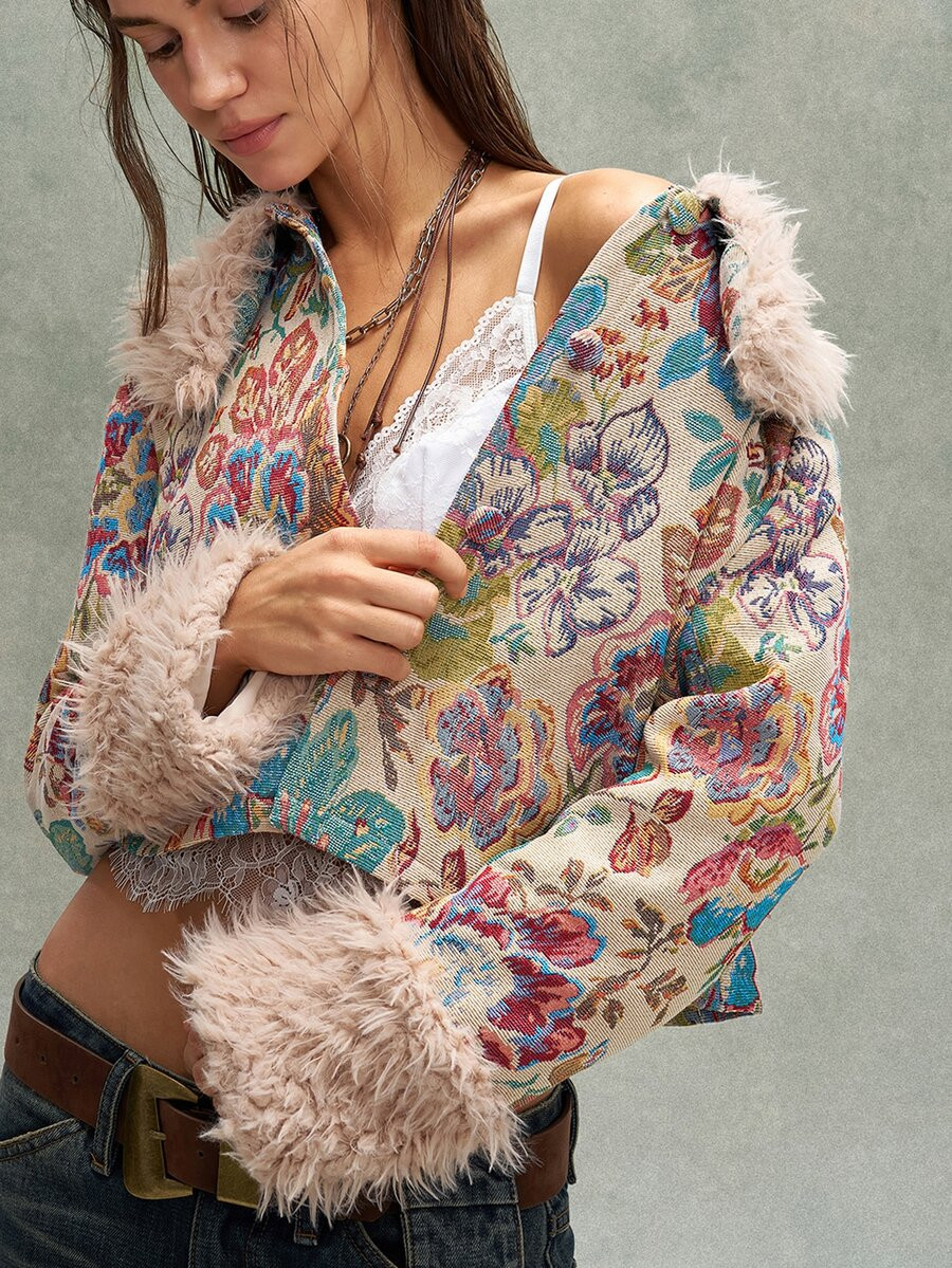 Bohemela Beige Fuzzy Trim Crop Coat Going Out Winter Elegant | SHEIN