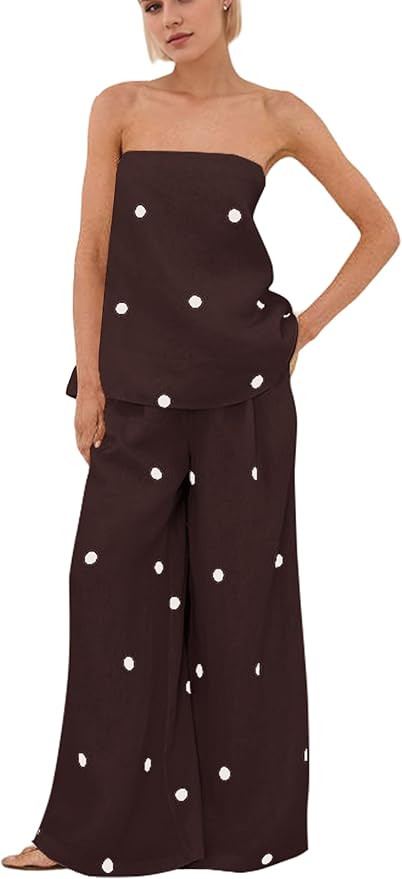 calbatic Women Polka Dot 2 Piece Outfits Spot Strapless Tube Top High Waist Wide Leg Pants Casual... | Amazon (US)