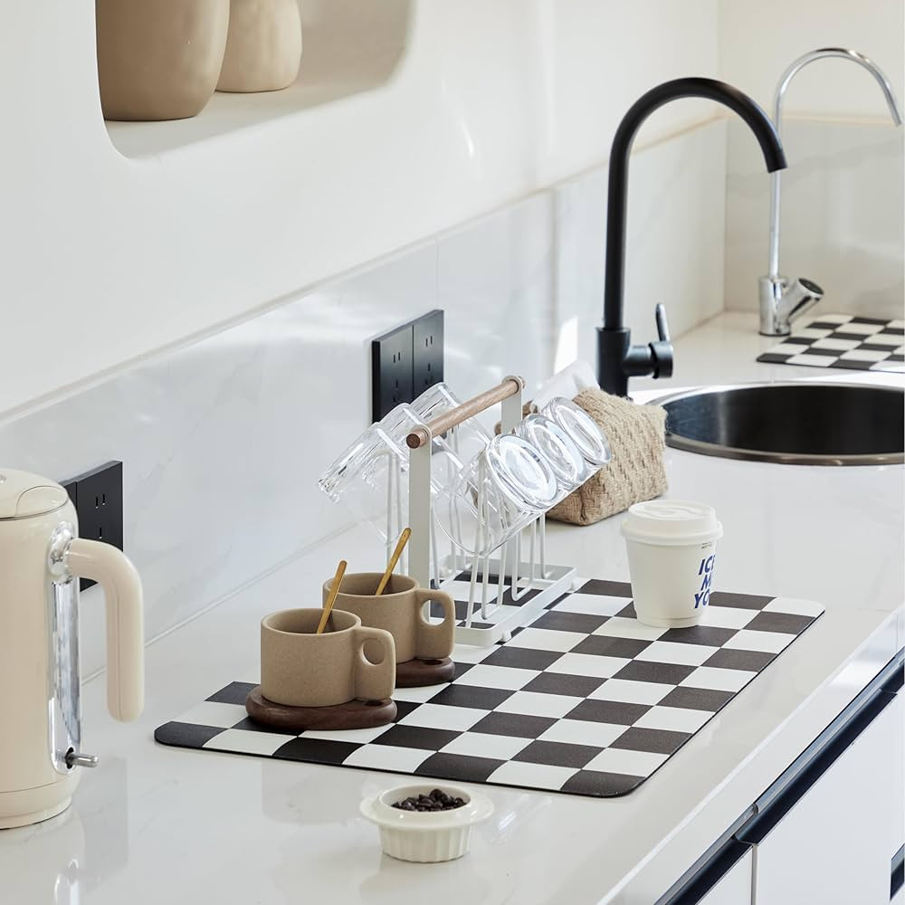 Checkered Dish Drying Mat for Kitchen Counter, Coffee Bar Station Accessories, Retro Cute Aesthet... | Amazon (US)