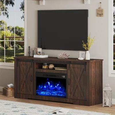 Fireplace TV Stand With Sliding Barn Door For Tvs Up To 73", Farmhouse 63" Fireplace Entertainment Center With Storage Cabinets/Adjustable Shelves, Re | Wayfair North America