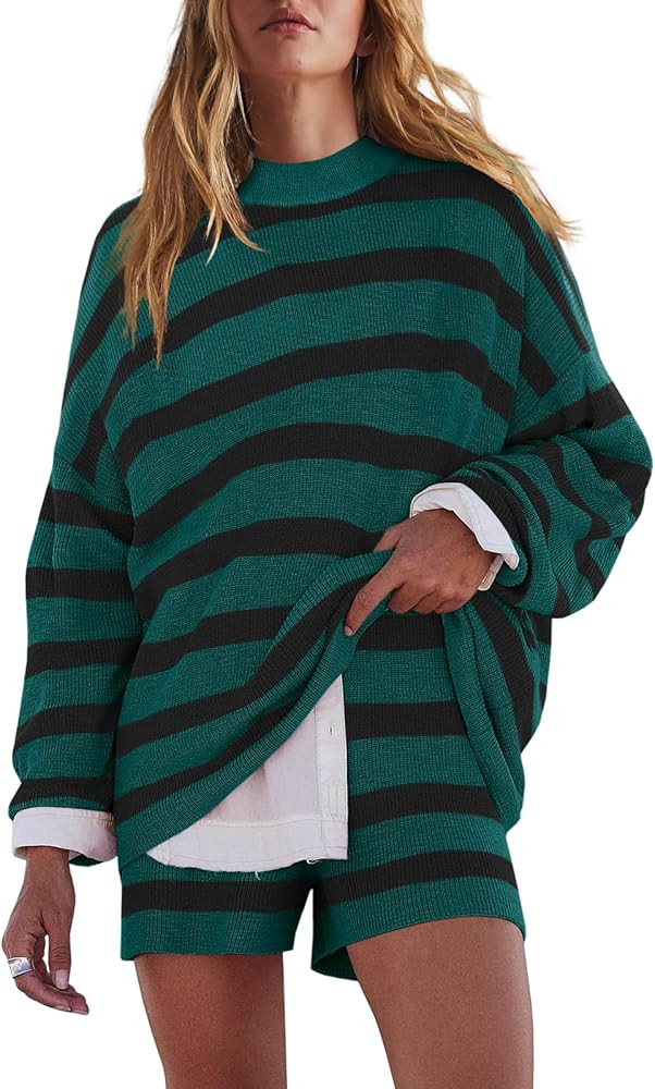 LAMISSCHE Womens Oversized Lounge Sets 2 Piece Outfits Striped Matching Pajama Set Long Sleeve Sw... | Amazon (US)
