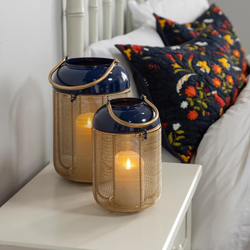 Blue and Gold Metal Lanterns, Set of 2 | Plow & Hearth