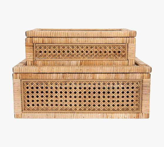 Woven Rattan And Wood Boxes, Set of 2 | Pottery Barn (US)