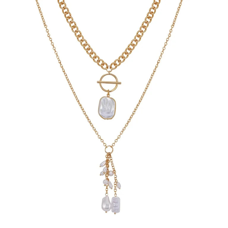 Time and Tru Women's Double Goldtone Pearl Layered Necklace | Walmart (US)