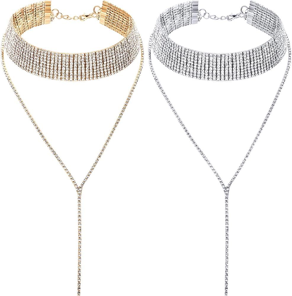 meekoo 2 Pieces Rhinestone Tassel Choker Necklace Multi-Layer Wide Collar Necklaces Tassel Chain Nec | Amazon (US)